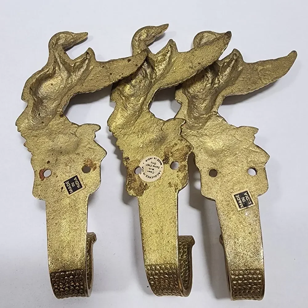 Brass Flying Ducks Coat Clothes Key Wall Hooks Set of 3 Farmhouse Rustic Vintage